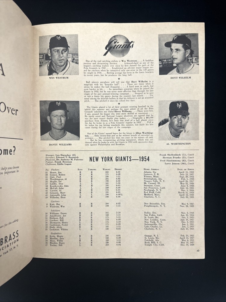 1954 NY Giants World Series Program vs Indians @ Polo Grounds - Unscored - EX