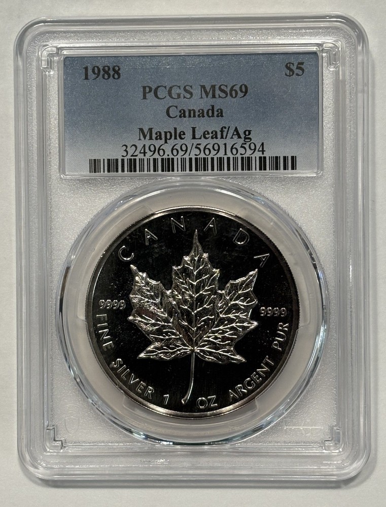 1988 Canada 5 Dollars Silver Maple Leaf MS69 PCGS Blue Label