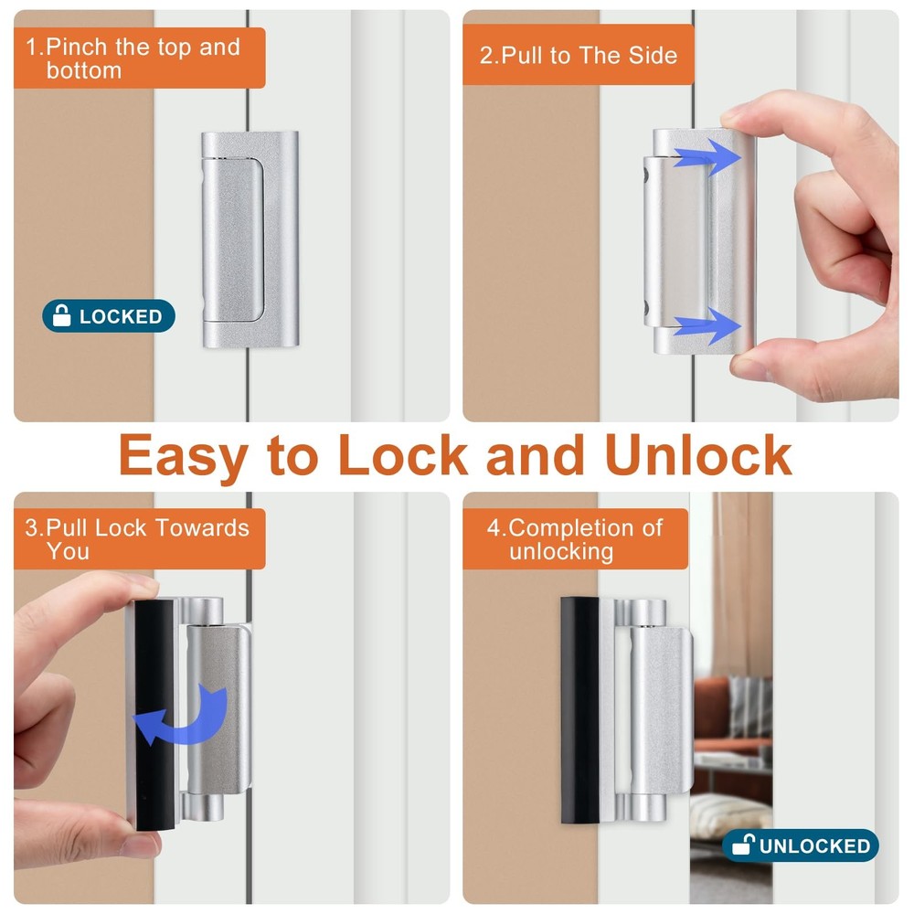 Husfunov 2 Pack Home Security Door Lock,Childproof 2Pack-Silver