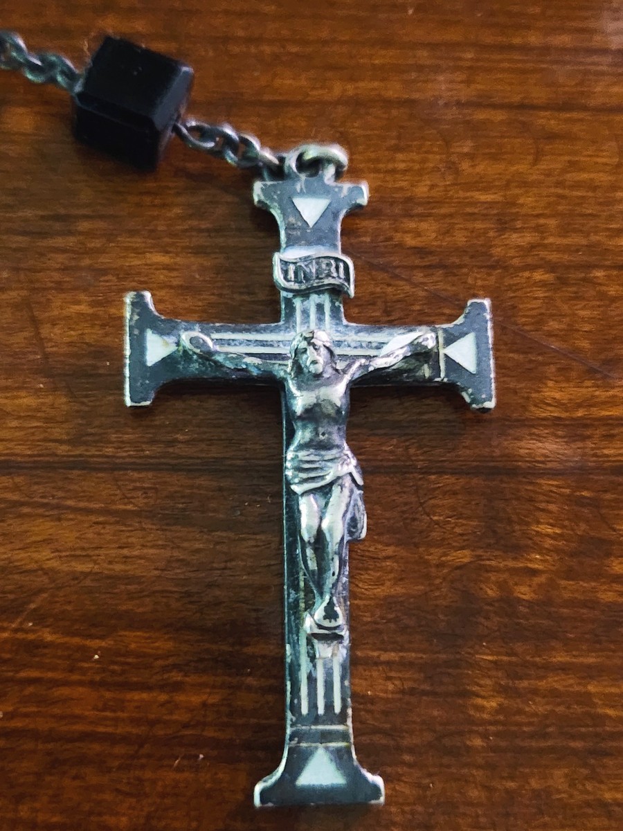 Antique Swift & Fisher Sterling Silver White Enamel Rosary & Vtg Art Nouveau Box