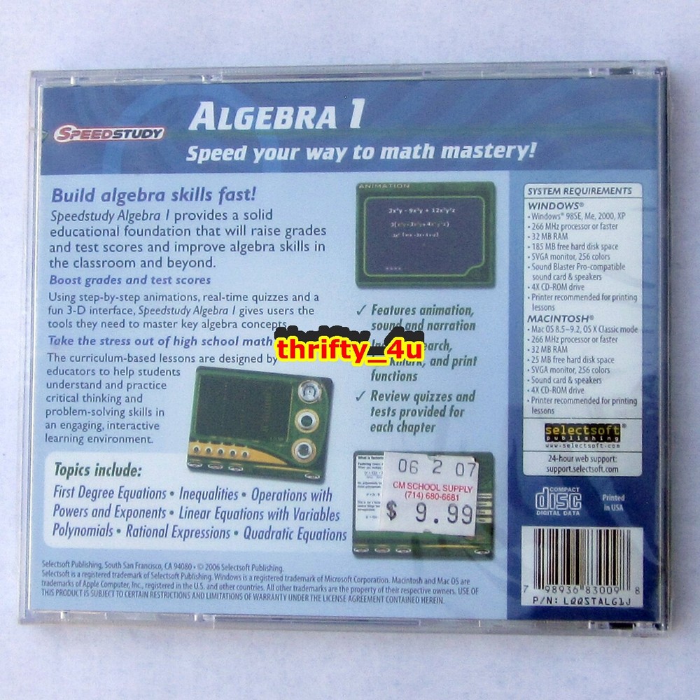 Selectsoft Publishing CD-ROM Speed Study Algebra 1 Math, PC & Mac, NIP SEALED