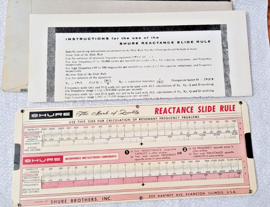 Vintage SHURE Capacitive/Inductive Reactance SlideRule Calculator & Booklet 1957