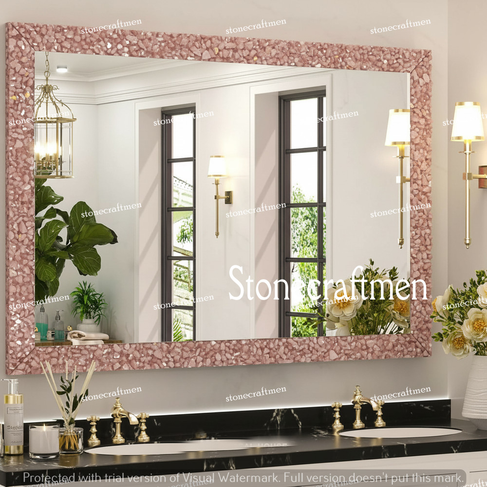 Rose Quartz Rectangle Wall Mirror – Natural Crystal Frame, Handmade Luxury Decor
