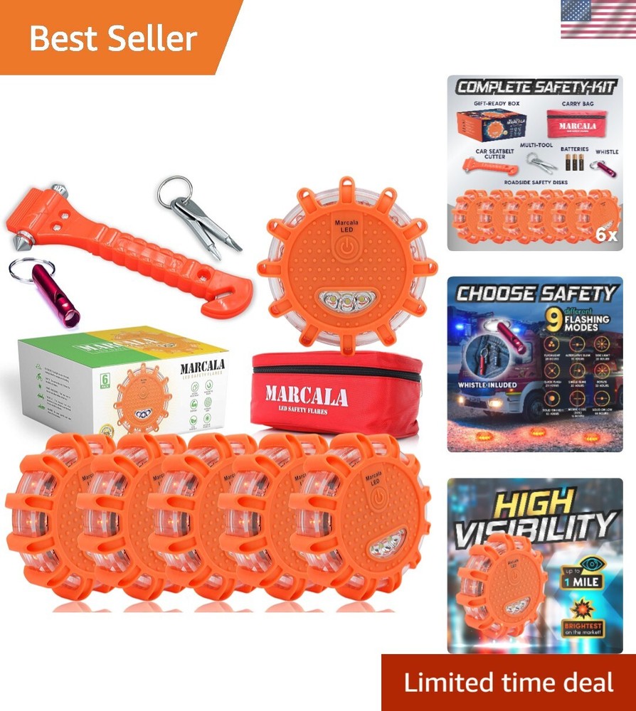 All-In-One LED Emergency Kit - 6 Pack of Rechargeable Safety Discs for Drivers