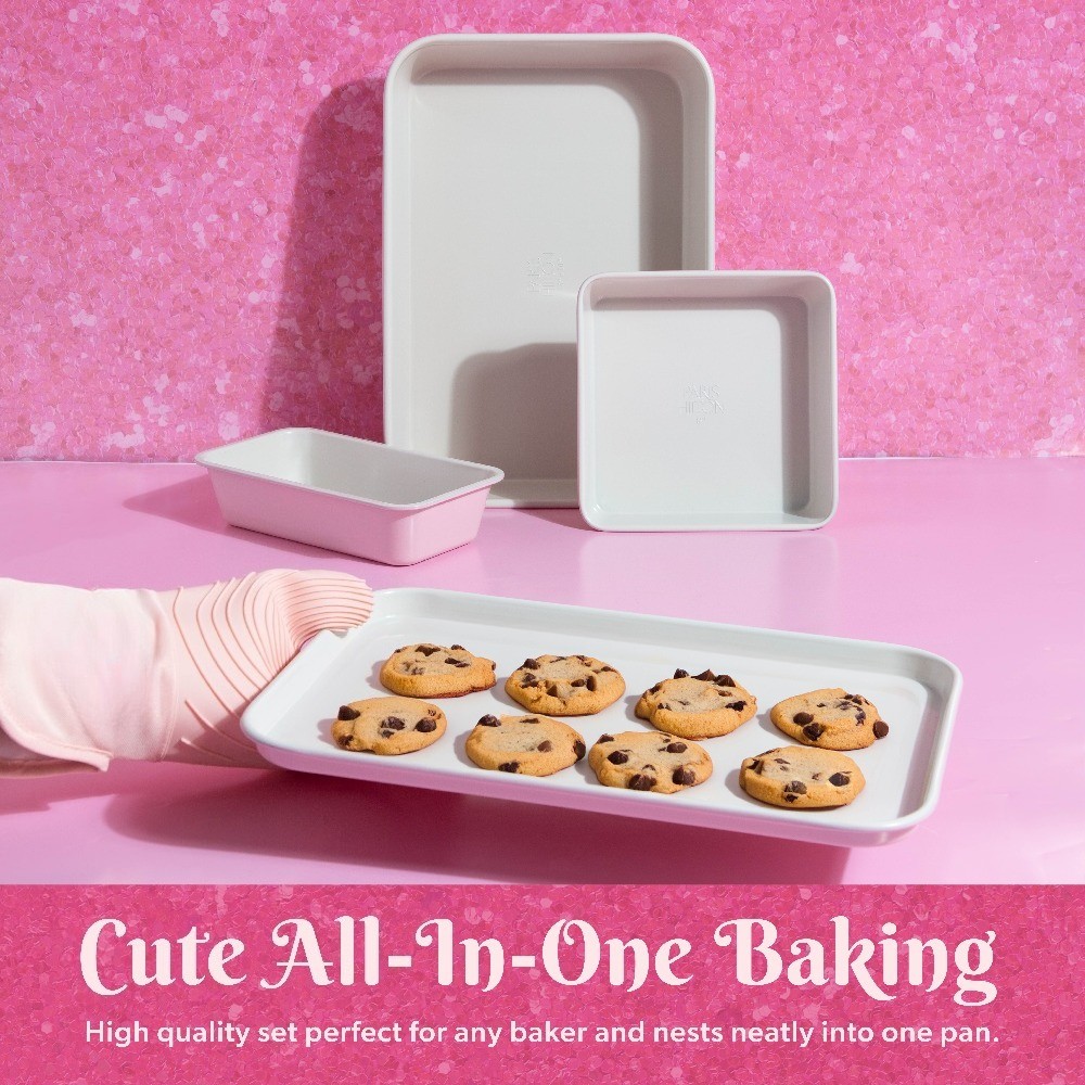 4-Piece Ceramic Nonstick Bakeware Set for Kitchen with Baking Sheet Pan, Pink
