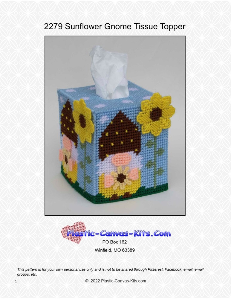 Sunflower Gnome Tissue Topper-Plastic Canvas Pattern or Kit