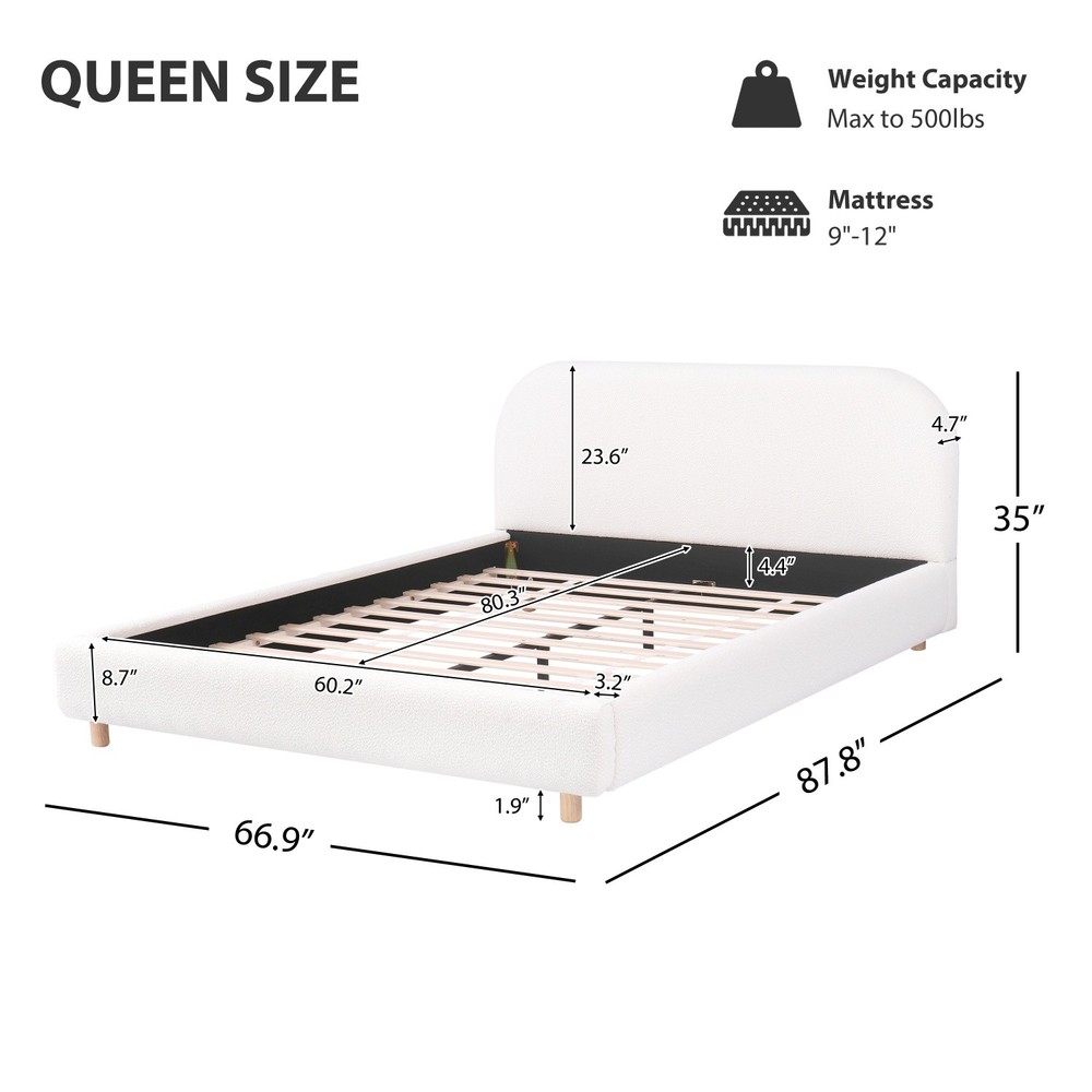 White Queen/King Size Upholstered Platform Bed with Headboard & Solid Wood Legs