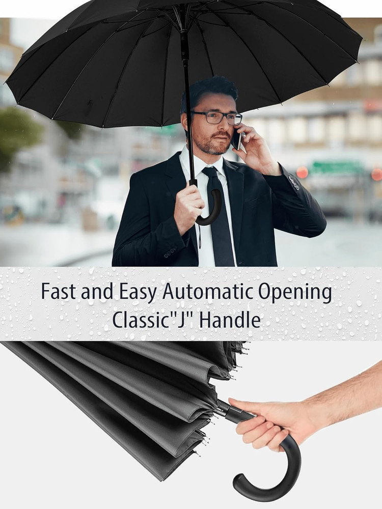Premium Windproof Umbrella Classic J Stick Handle with Easy Grip - Auto Open, Ra