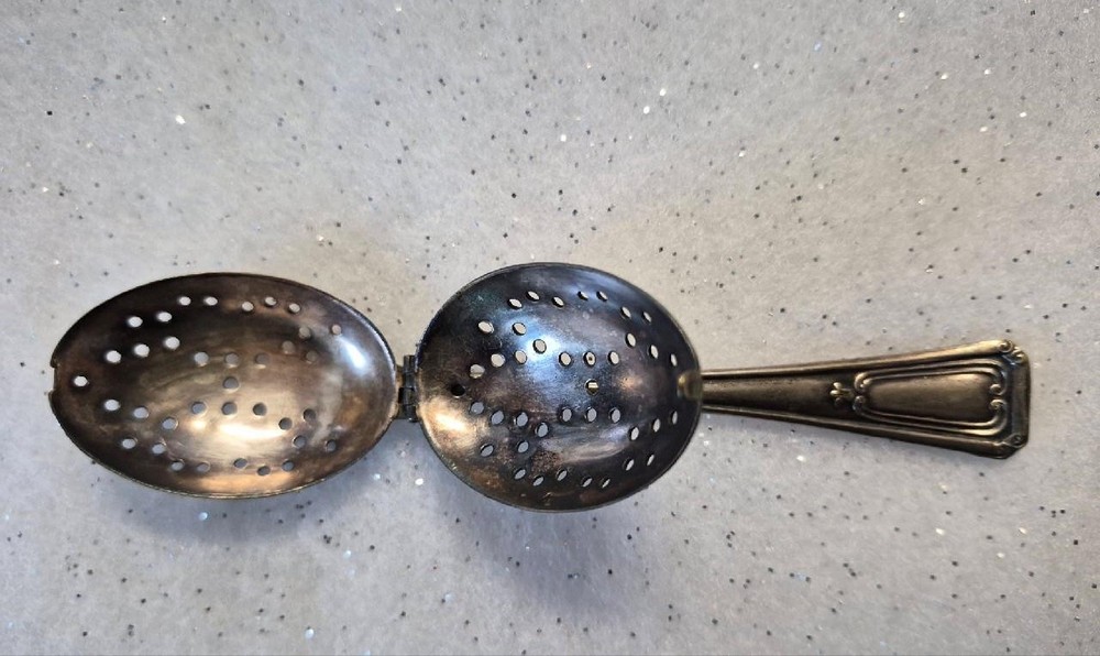 Vintage E & JB Strainer TEA INFUSER Hinged DOUBLE Perforated SPOON SIlverplated