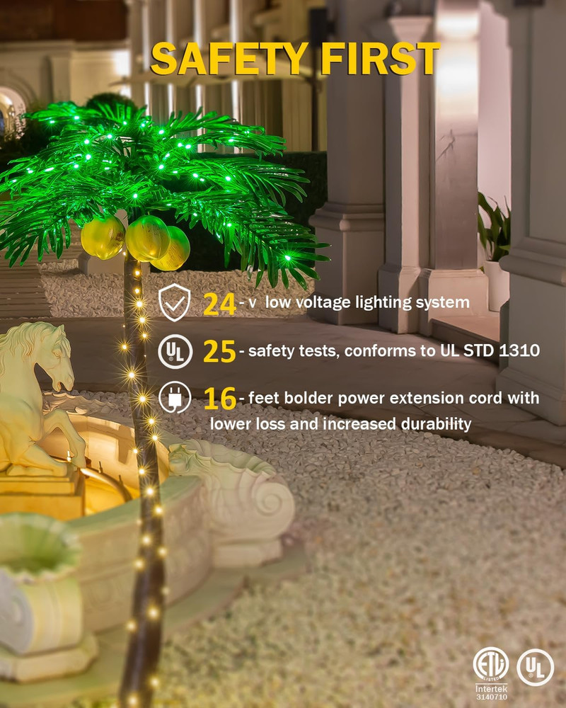5Ft Lighted Palm Tree with Glowing Coconuts - Dimmable, UL Certified, Waterproof
