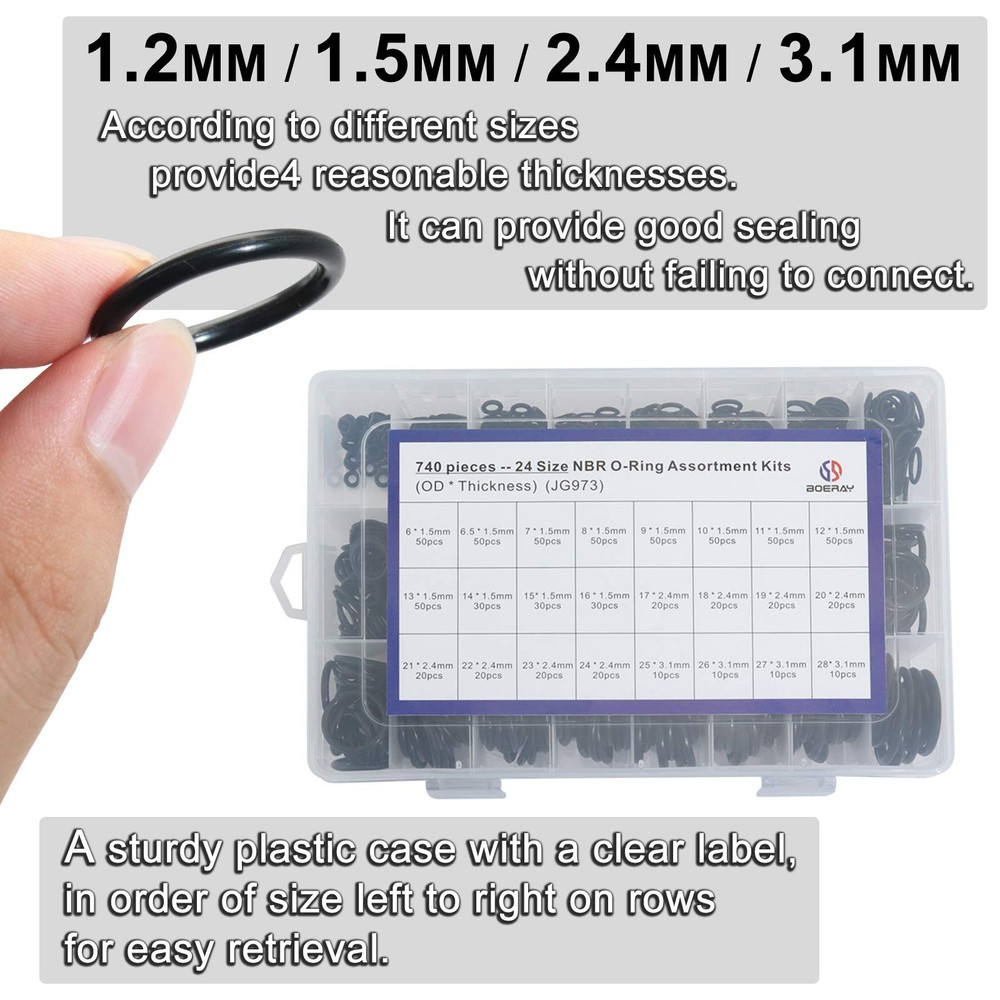 boeray 740pc Universal O Rings Assortment in 24 740pcs Metric with Tools