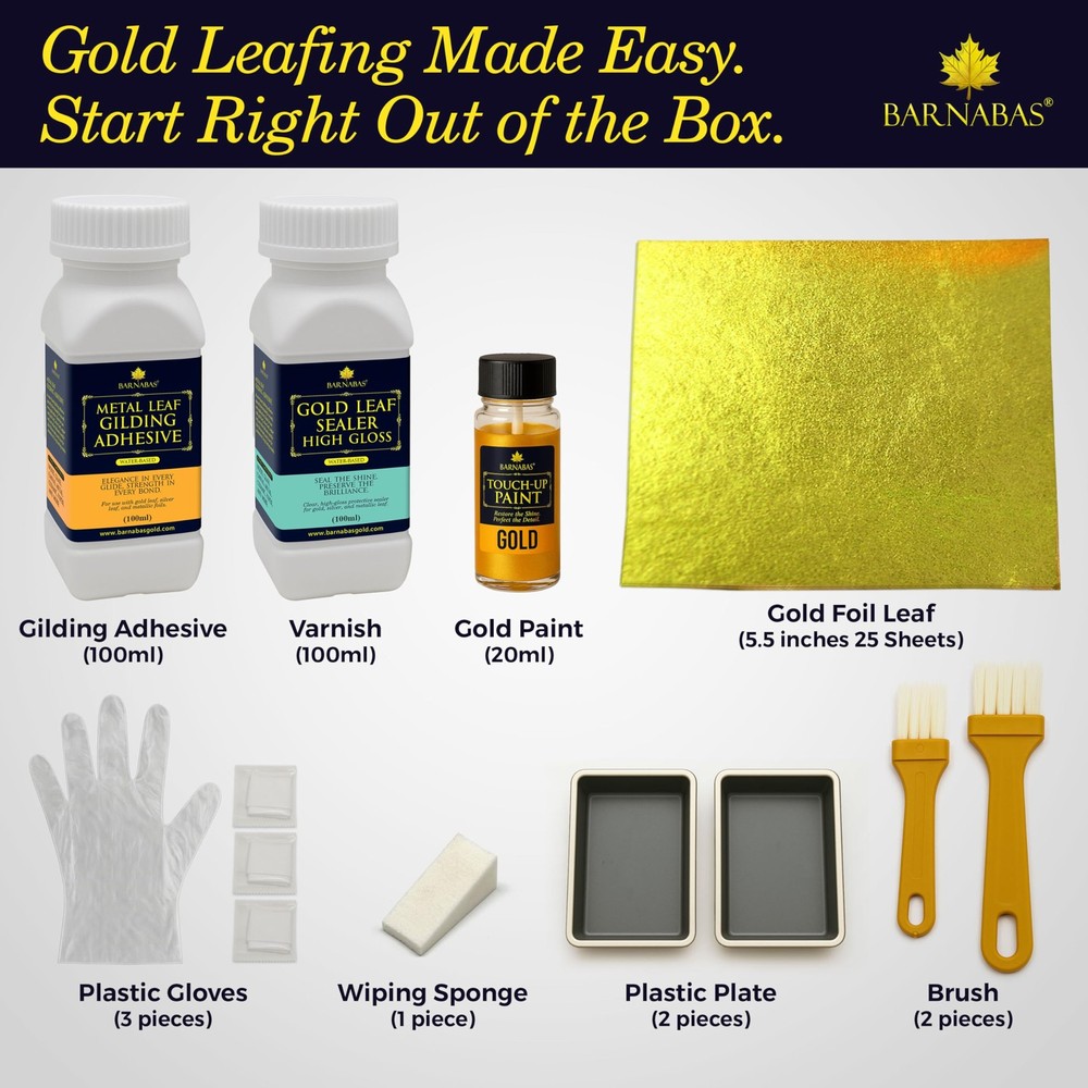 Barnabas Gold Leaf Kit – 25 Standard Gilding + 25 Foil Sheets,