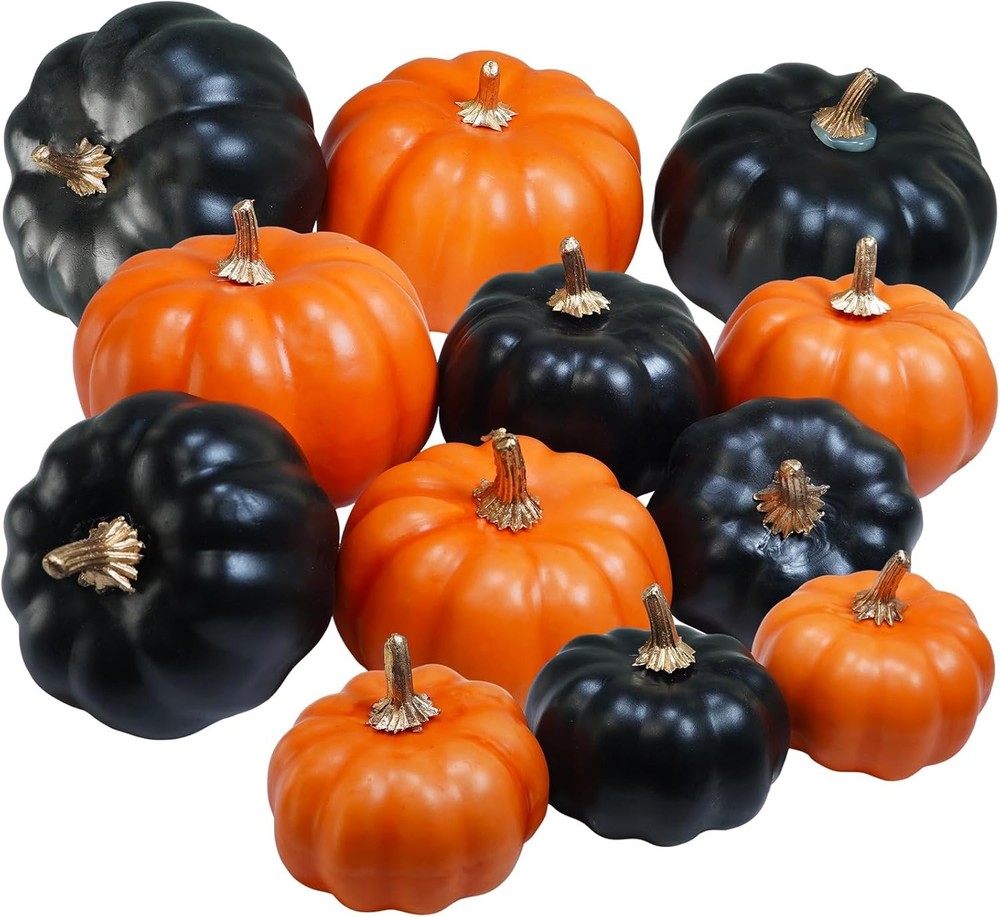 Winlyn 12 Pcs Artificial Orange & Black Pumpkins - Small and