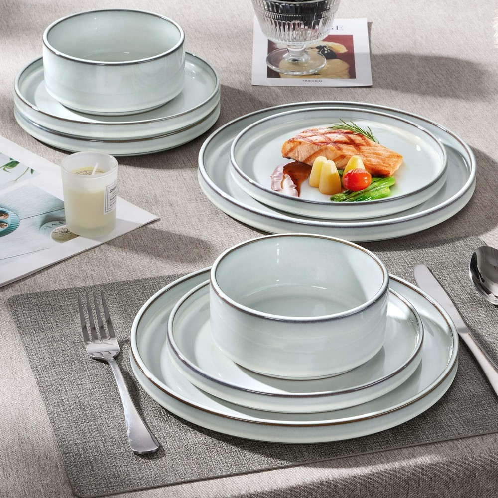 12 Pieces Stoneware Dinnerware Set for 4, Ceramic Dinner Dishware Icy White