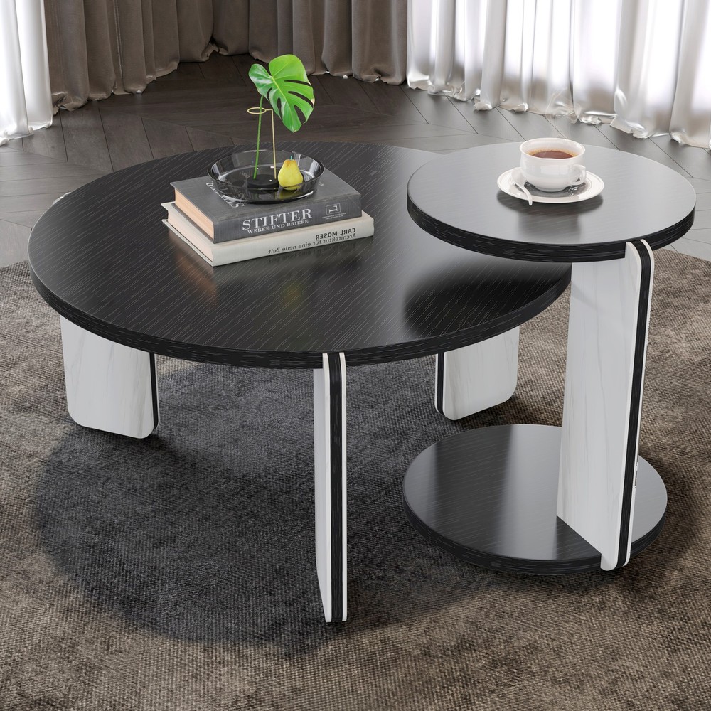 32.68" & 16.93" round coffee table end table sofa table side table set with bla