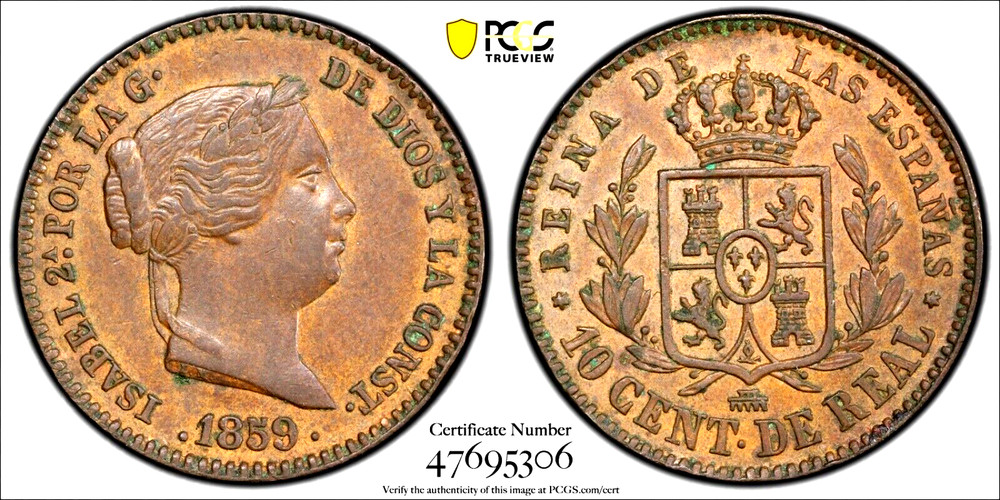 1859 Spain Segovia 10 Centimos, PCGS AU 58
