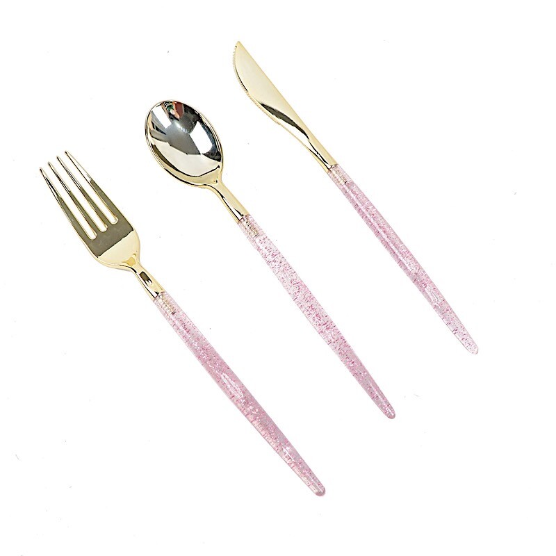 24 Disposable Plastic Cutlery Gold Glittered Handle Wedding Events