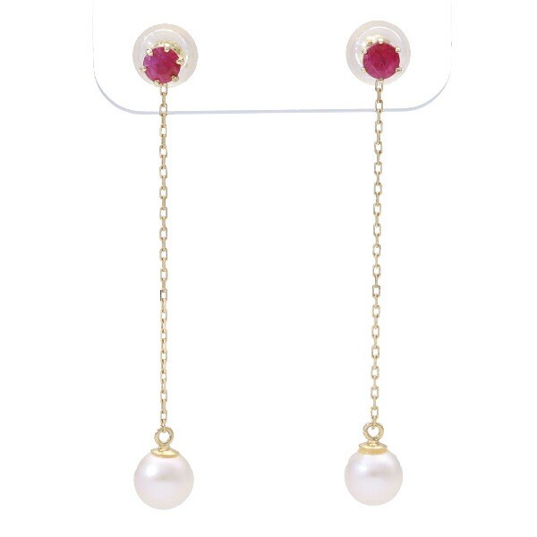 K10 Gold Akoya Pearl & Ruby Chain Drop Earrings (Pair)