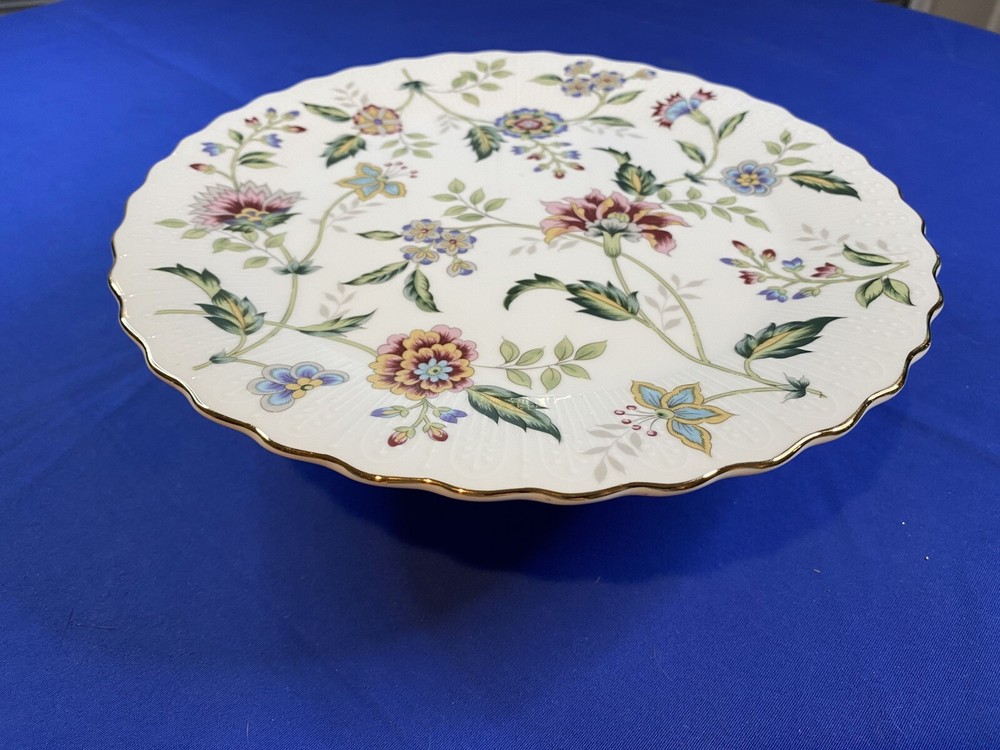 Porcelain Pedestal Cake Plate Multi Colored Buckingham Pattern