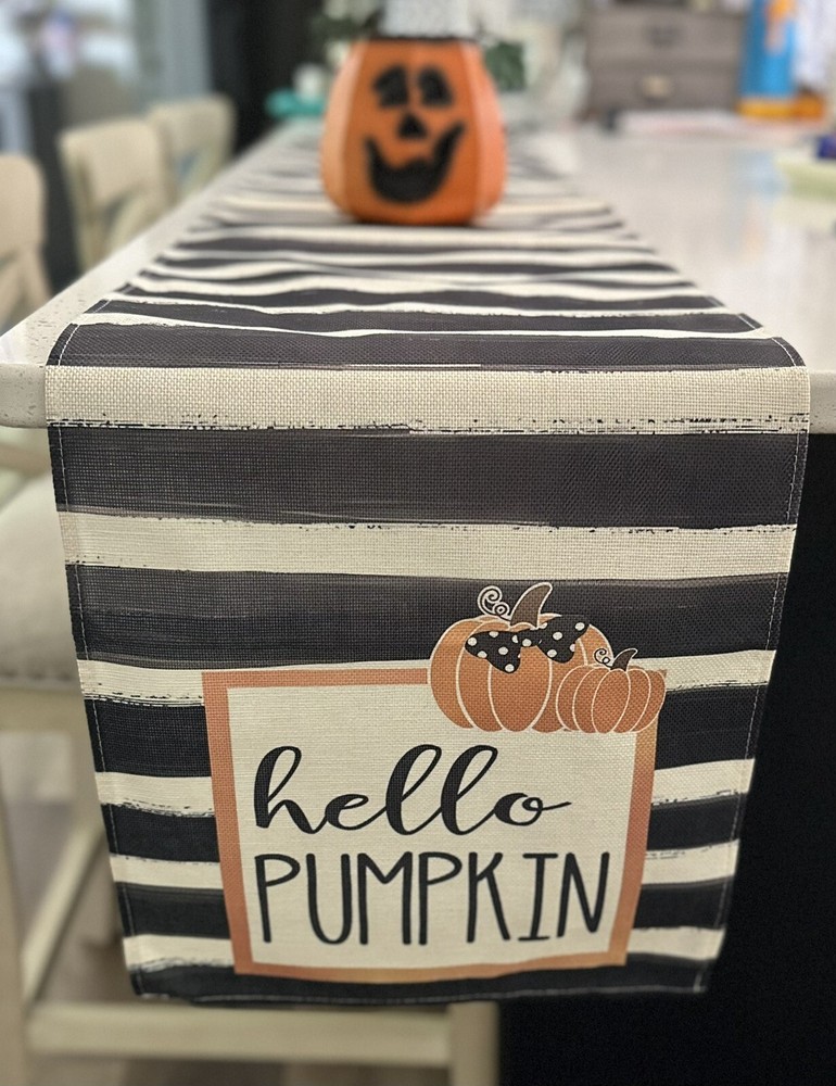 Fall Table Runner HELLO PUMPKIN Autumn Farmhouse Stripe Burlap