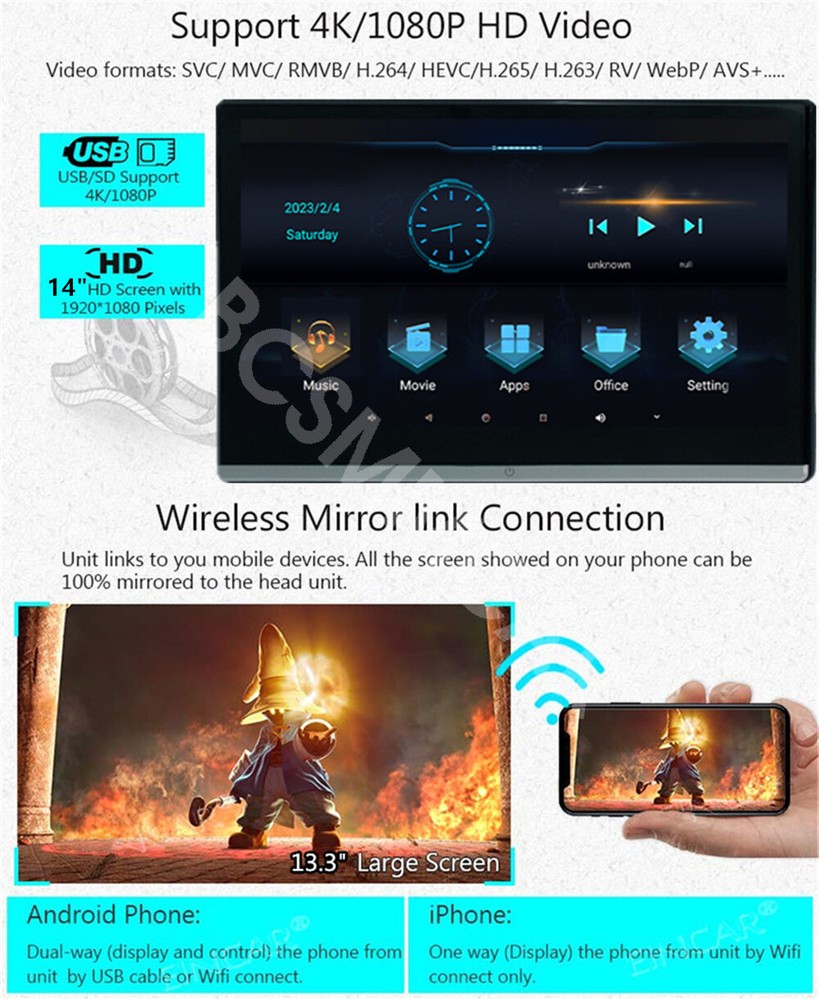 4K Car Rotatable Headrest Video Player With WiFi Bluetooth Android 12 Octa-core