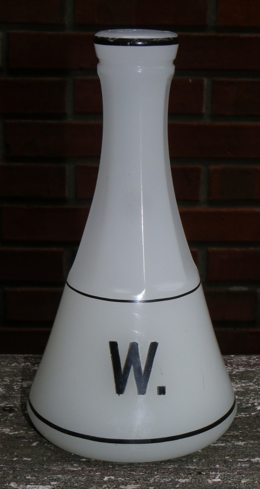 Vtg 7" White Glass Barber? Bottle-Black W-Witch Hazel?-M A Co.