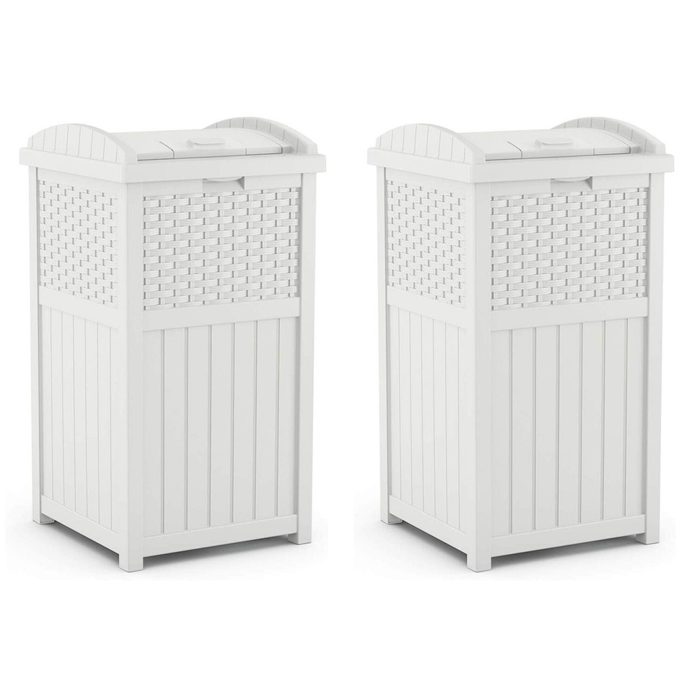 Suncast Wicker Resin Outdoor Hideaway Trash Can Bin with Latching Lid (2 Pack)