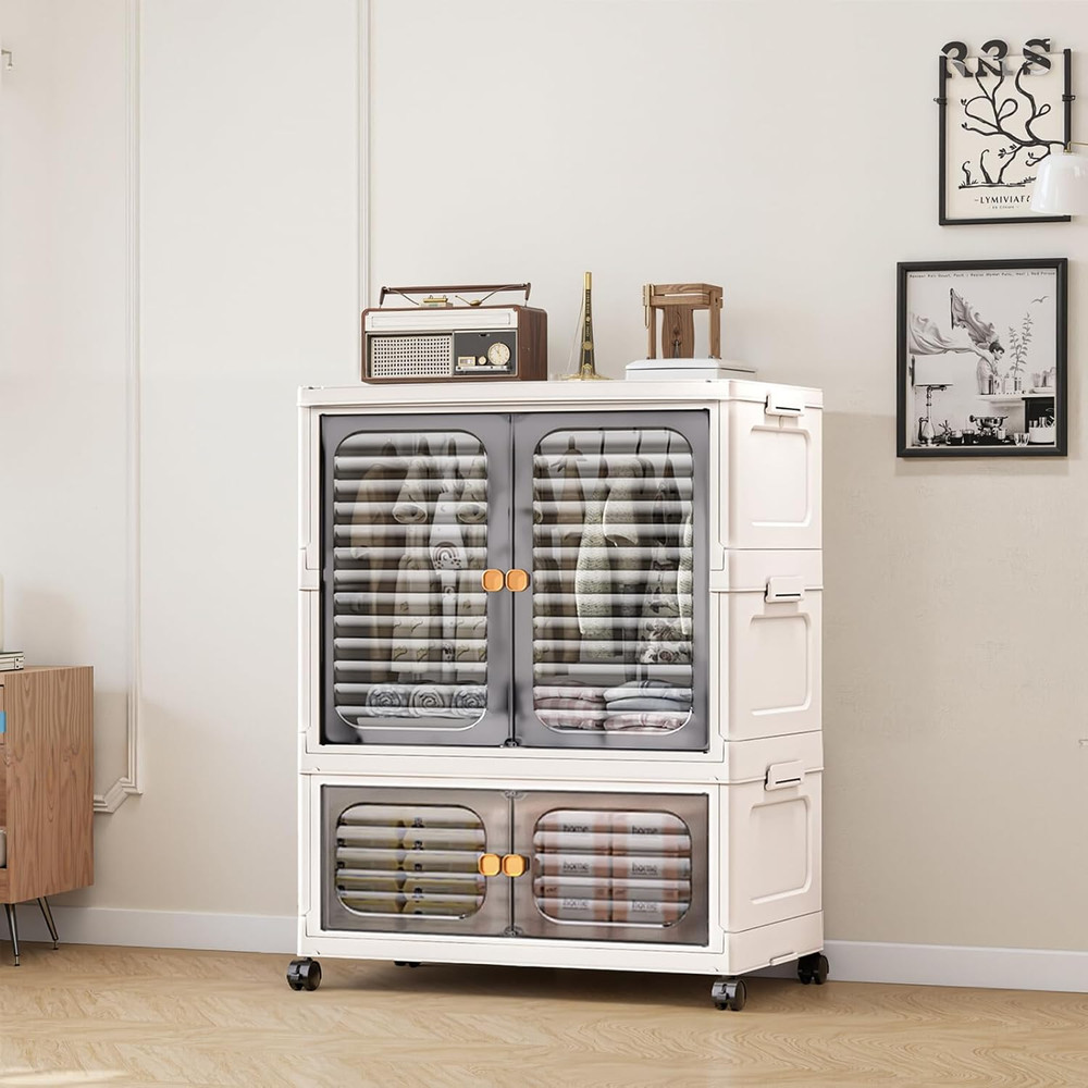 Stackable Storage Bins, Plastic Collapsible Storage Containers with Doors, Wheel