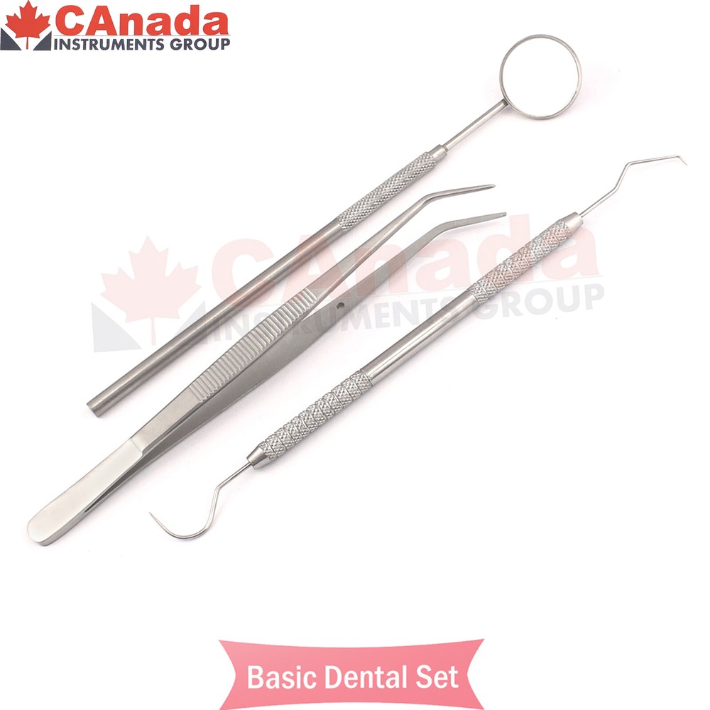 Basic Dental Instruments Set Mouth Mirror, Explorer #5, Cotton Pliers