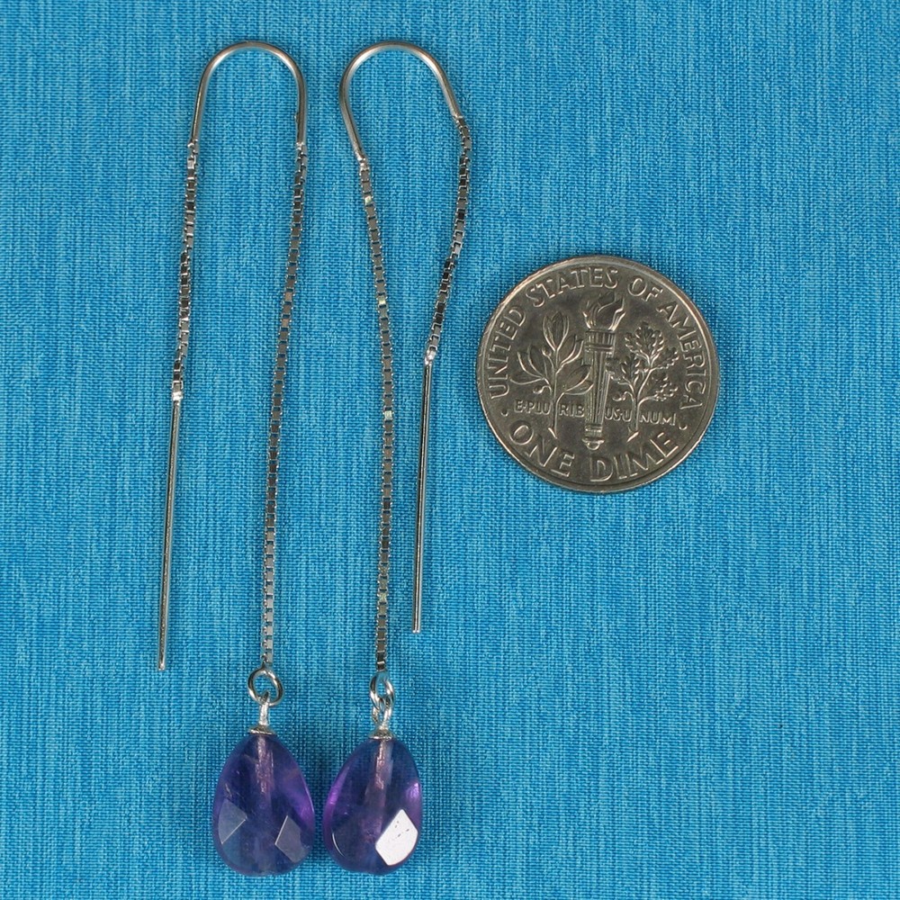 Solid Silver 925 Box Chain Hook Faceted Drop Genuine Amethyst Dangle Earrings