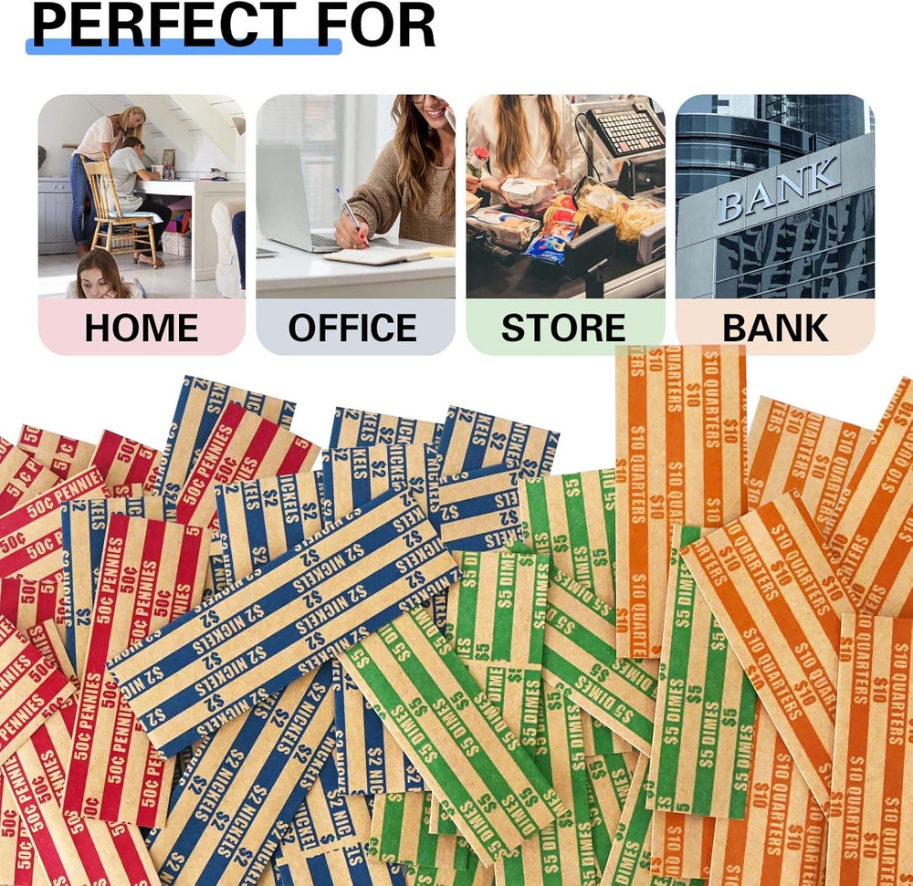 100 Pcs Assorted Packed Flat Stripped Coin Wrappers, Coin Rolls Wrapper for Quar