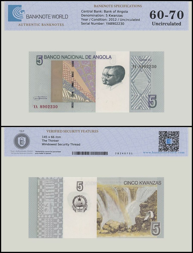 Angola 5 Kwanzas, 2012, P-151Aa, UNC, Authenticated Banknote
