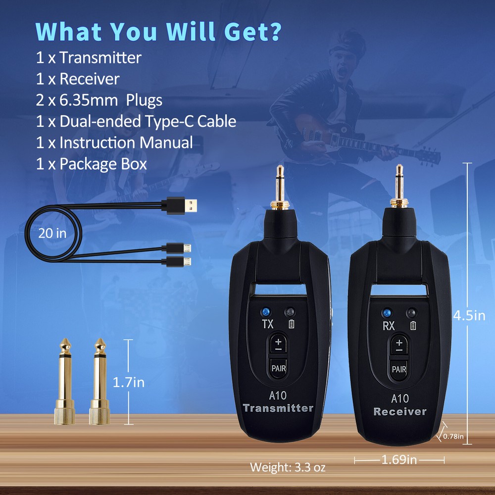 Wireless System Built-in Rechargeable Transmitter Receiver for Electric Guitar