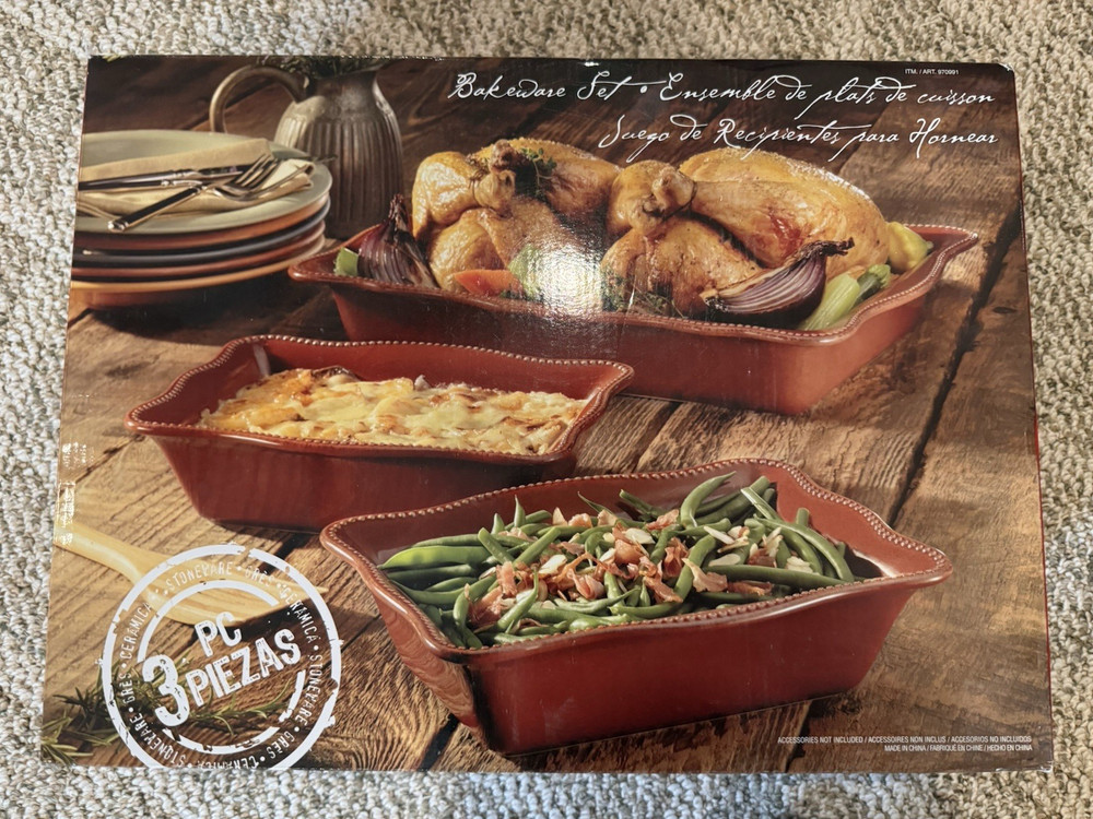 Three-Piece Red Ceramic Stoneware Rectangular Wavy Edge Baking Dish Set