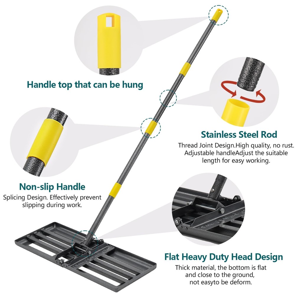 Lawn Leveling Rake, 26"x25" Peat Moss Spreader with 6FT Adjustable Handle Dir...