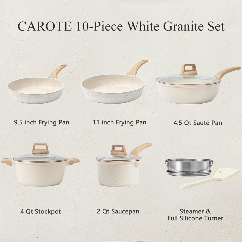 Pots & Pans Set Nonstick White Granite Induction Kitchen Cookware Set 10 Pcs
