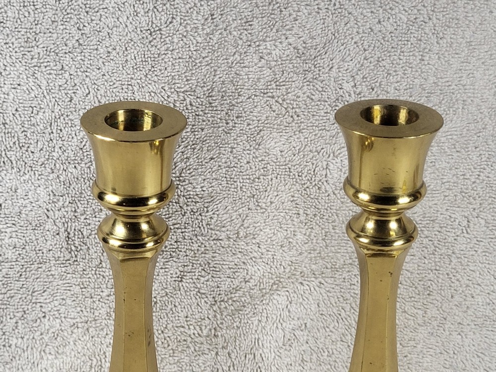 Vintage Solid Brass Hexagon Stem 7/8" Tapered Candlestick Holder Pair