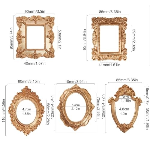 5 Pcs Mini Frames - Small Vintage Flower Oval Rectangle Baroque with back Gold