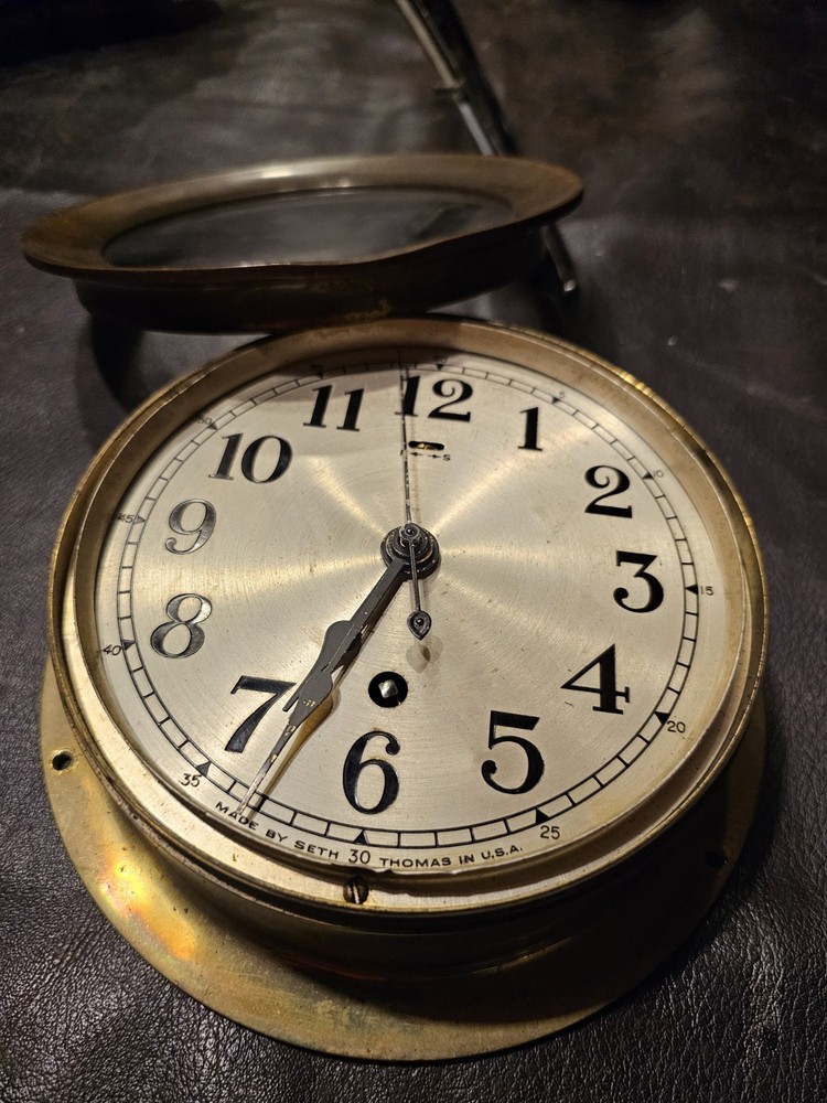 Vintage Seth Thomas Brass Ship's Clock with Stand, Working