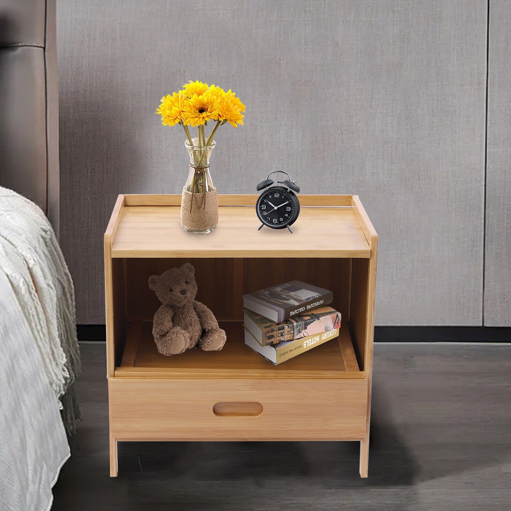 Bedroom Storage Organizer Side Table Bamboo Bedside Nightstand End Table+Drawer