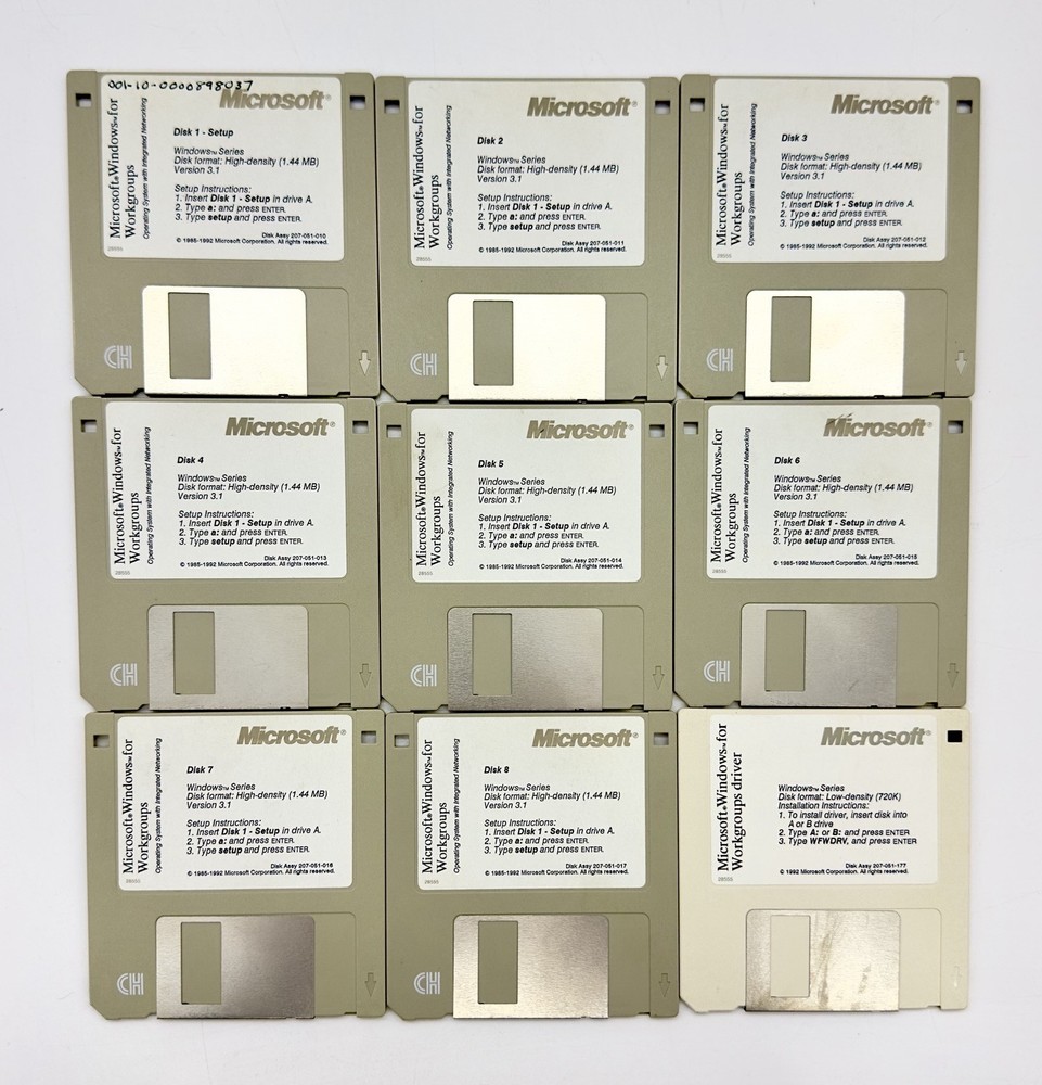 Microsoft Windows For Workgroups v 3.1 Network OS Software 3.5” Disks + Driver