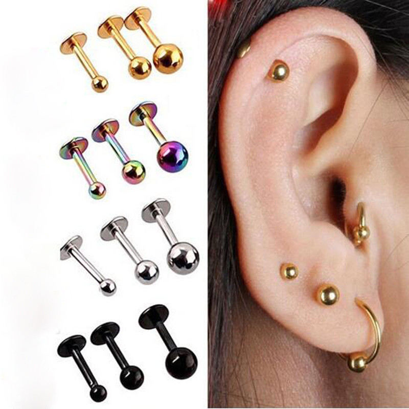 PAIR 16G INTERNALLY THREADED STEEL 2MM 3MM BALL LABRET TRAGUS STUD RING PIERCING