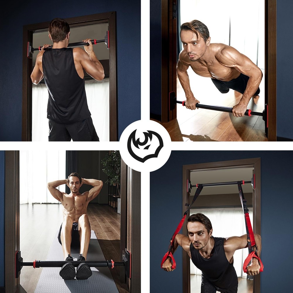 FitBeast Pull Up Bar for Doorway, Strength Training Pullup Black & Red