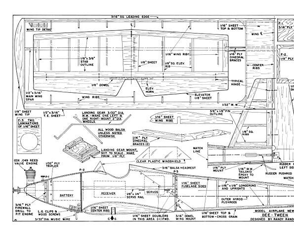 Bee-Tween .049 37" Wingspan RC Model Airplane Printed Plans & Templates