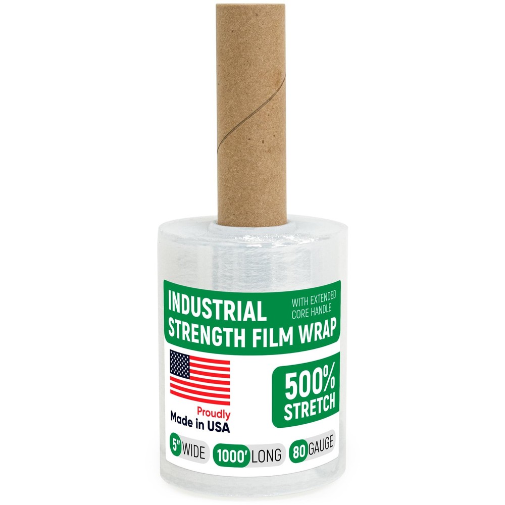 5" x 1000' Industrial Strength Clear Stretch Wrap with Extended Core Handle, ...