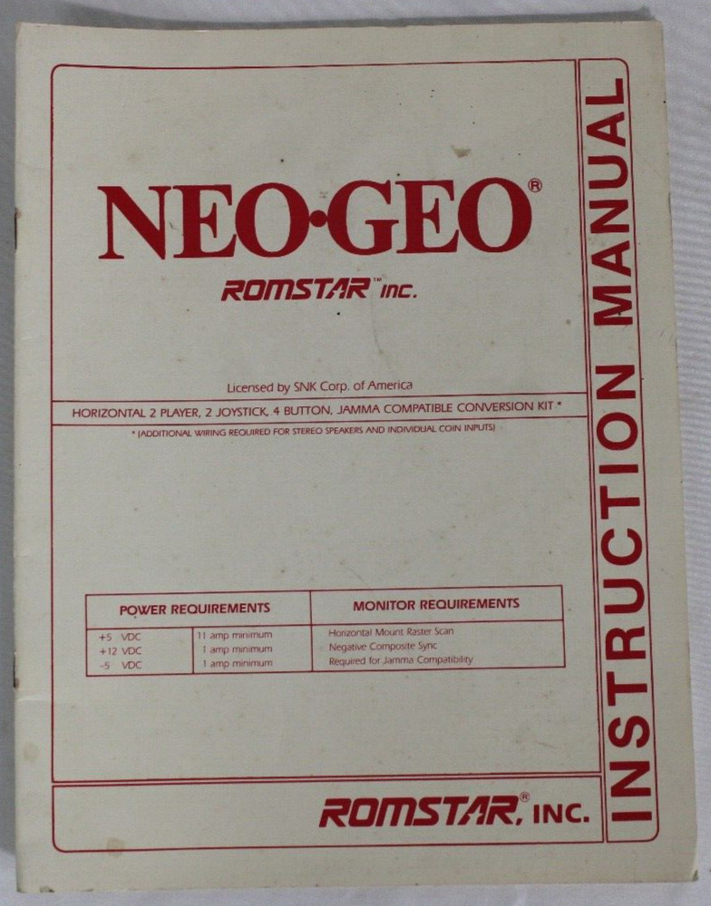 Romstar Neo-Geo Arcade Game Instruction Manual