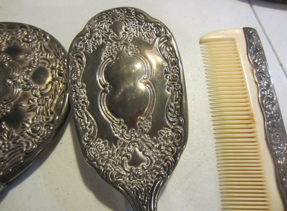 Vintage Silver Plated Ornate Vanity Set 3 piece