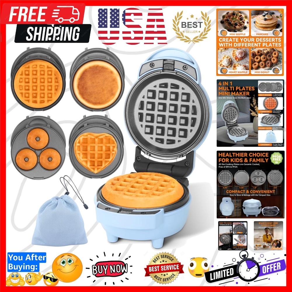 4 in 1 Mini Waffle Maker with Removable Plates, Set Includes Mini Pancake, Do...