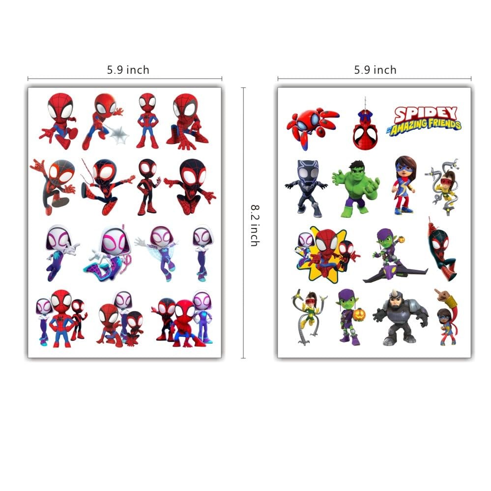 8 Sheets Spider and Friends Temporary Tattoos for Kids, Medium, Multicolor
