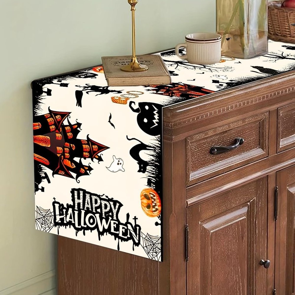 Halloween Haunted House Table Runner 13x72" Burlap Dining Table Décor with Ghost